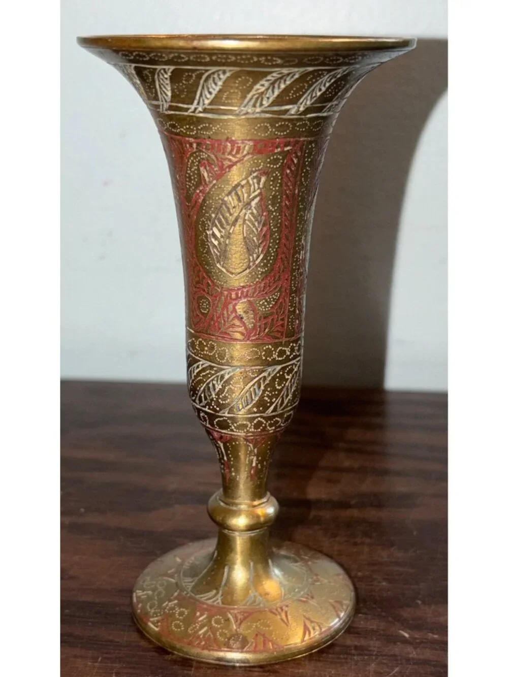 Vintage Etched Brass Bud Vase Red/White Floral Detailing 5